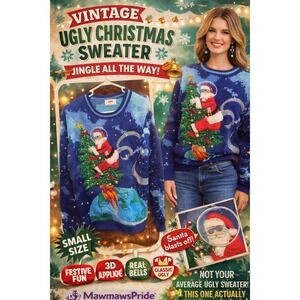 Vintage Style‎ Ugly Christmas Sweater Santa Rocket 3D Bells Jingle Holiday Small